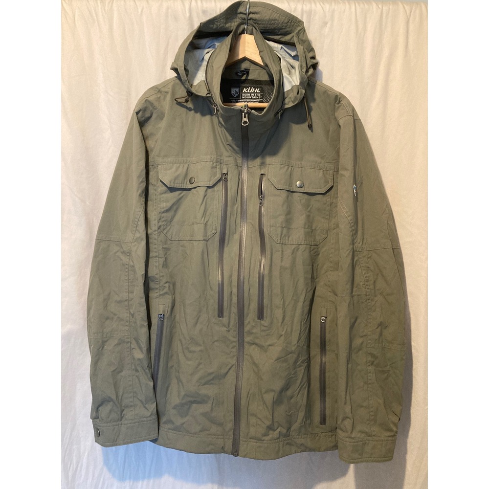 Kuhl Mens Hooded Rain Jacket Olive Green Full Zip Shell Size L